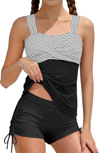 الفتيات ملابس السباحة Tankini طوق مربع متقاطع Ruched ثوب السباحة السباحة قصيرة الرباط 2 قطعة ملابس السباحة للفتيات 9-16 Y in Kuwait