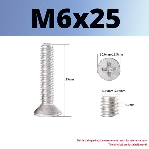 M6-1 x 25mm Phillips Flat Countersunk Head Machine Screws, 304 Stainless Steel, Full Thread Fasteners (25-Pack) - Electrical & Switch Plate Screws for Electronics & Hardware in Saudi Arabia