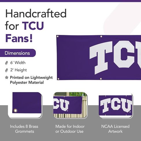 لافتة بوليستر مطبوعة من TCU Horned Frogs College Sports - مرخصة من الرابطة الوطنية لرياضة الجامعات (NCAA) - زينة التخرج المعلقة - لافتة مدرسية (أرجواني، أبيض) (2 × 6 بوصات) in Saudi Arabia