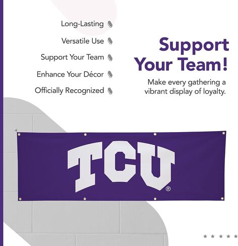 لافتة بوليستر مطبوعة من TCU Horned Frogs College Sports - مرخصة من الرابطة الوطنية لرياضة الجامعات (NCAA) - زينة التخرج المعلقة - لافتة مدرسية (أرجواني، أبيض) (2 × 6 بوصات) in Saudi Arabia