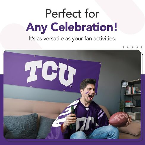 لافتة بوليستر مطبوعة من TCU Horned Frogs College Sports - مرخصة من الرابطة الوطنية لرياضة الجامعات (NCAA) - زينة التخرج المعلقة - لافتة مدرسية (أرجواني، أبيض) (2 × 6 بوصات) in Saudi Arabia