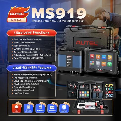 Autel MaxiSYS MS909, 2025 مثل MS Ultra MS919 Ultra Lite، خريطة الطوبولوجيا 2.0، ترميز برمجة ECU، إصلاح Motor TruSpeed، 40+ خدمة، 3000+ اختبار نشط، المسح التلقائي 2.0، CAN FD & DOIP، FCA SGW in Kuwait