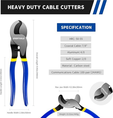 10-Inch Heavy Duty Cable Cutter, High Leverage Wire Cutter for Battery Cable, Aluminum, Copper, and Communication Cable, Clean Cut Tool for Electrical, Telecom and Wiring Work in Kuwait