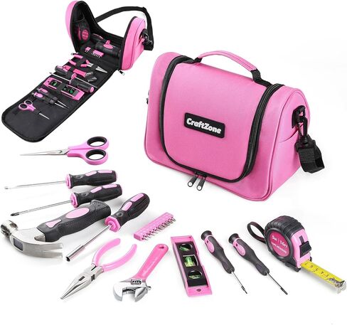 Pink Tool Set,Tool Bag for Women with Shoulder Strap,Basic Tool Kit,21Pcs,Tool Pouch with Zipper,Portable Tool Bag with Tools for Home|Dorm|Office|DIY|Desk|Apartment in Kuwait
