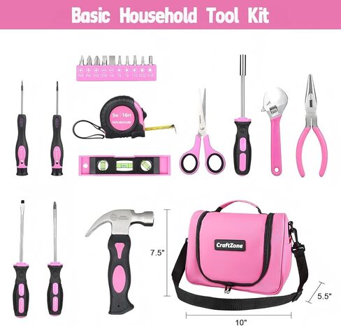 Pink Tool Set,Tool Bag for Women with Shoulder Strap,Basic Tool Kit,21Pcs,Tool Pouch with Zipper,Portable Tool Bag with Tools for Home|Dorm|Office|DIY|Desk|Apartment in Kuwait