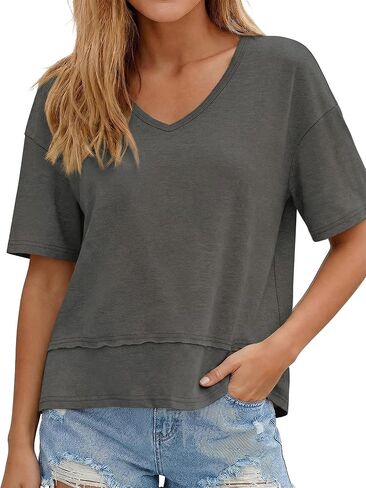 Women's V Neck Short Sleeve T Shirts 2026 Casual Loose Fit Solid Color Tops in Saudi Arabia