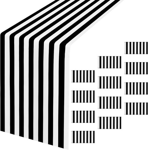 12 Pcs Plastic Stripes Table Runner 14 x 108 Inch Disposable Black and White Striped Table Runner for Two Fast Car Theme Birthday Baby Shower Party Supplies (Black and White Stripes) in Saudi Arabia