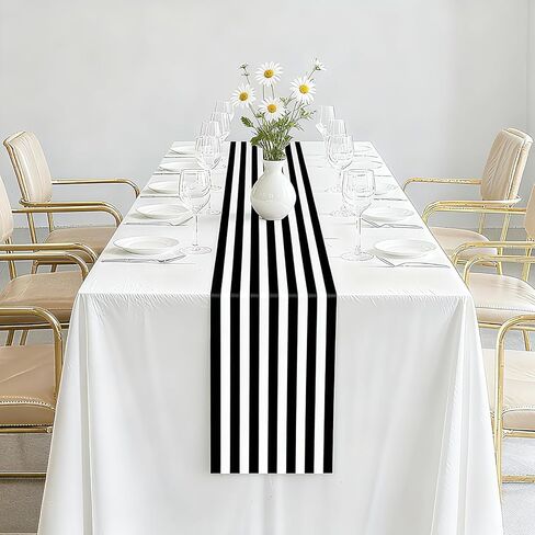 12 Pcs Plastic Stripes Table Runner 14 x 108 Inch Disposable Black and White Striped Table Runner for Two Fast Car Theme Birthday Baby Shower Party Supplies (Black and White Stripes) in Saudi Arabia