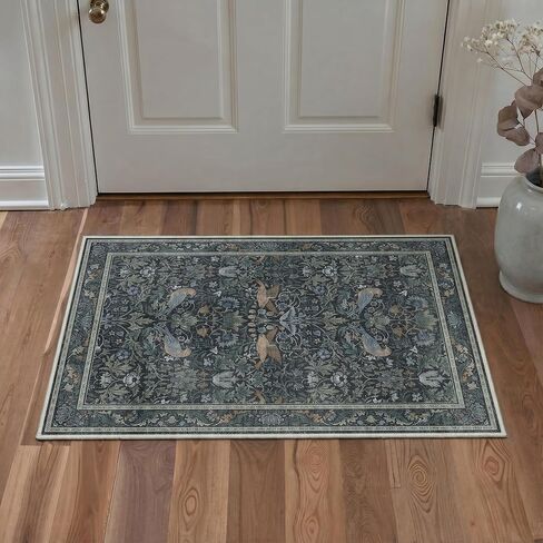 Bavni 2x3 Washable Entryway Rug, Boho Vintage Distressed Door Mat Non Slip, Low Pile Soft Navy Blue Carpet Stain Resistant, Small Thin Accent Floral Area Rugs for Bathroom, Kitchen, Nursery, Laundry in Saudi Arabia