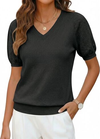 LaGracia Women's Puff Short Sleeve Sweater Spring Summer Tops V Neck Dressy Casual Tops 2026 Trendy in Saudi Arabia