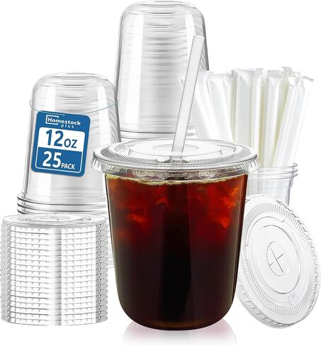 Homestockplus 25 Pack 12 oz Clear Plastic Cups with Lids and Straws, Leak-Proof Iced Coffee Cups BPA-Free Disposable To-Go Cups for Iced Coffee, Smoothies, Juice, Kids, Daily Use & Small Gatherings in Saudi Arabia