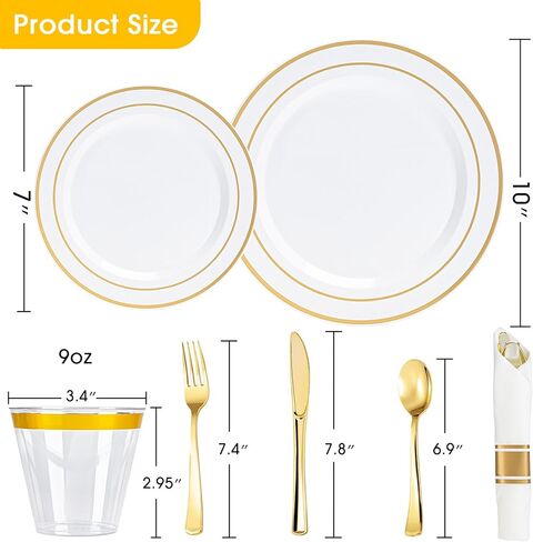 N9R 350PCS Gold Plastic Dinnerware Set for 50 Guests, Include: 50 Dinner Plates, 50 Dessert Plates, 50 Pre Rolled Napkins with Silverware and 50 Cups, White and Gold Disposable Plates for Party in Kuwait