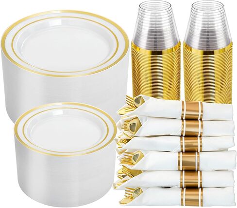 N9R 350PCS Gold Plastic Dinnerware Set for 50 Guests, Include: 50 Dinner Plates, 50 Dessert Plates, 50 Pre Rolled Napkins with Silverware and 50 Cups, White and Gold Disposable Plates for Party in Kuwait