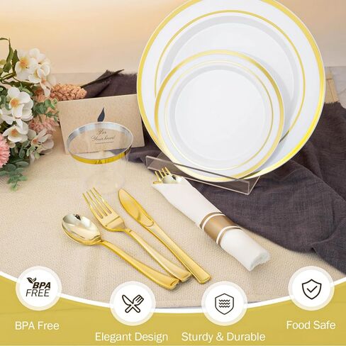 N9R 350PCS Gold Plastic Dinnerware Set for 50 Guests, Include: 50 Dinner Plates, 50 Dessert Plates, 50 Pre Rolled Napkins with Silverware and 50 Cups, White and Gold Disposable Plates for Party in Kuwait