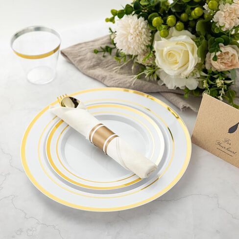 N9R 350PCS Gold Plastic Dinnerware Set for 50 Guests, Include: 50 Dinner Plates, 50 Dessert Plates, 50 Pre Rolled Napkins with Silverware and 50 Cups, White and Gold Disposable Plates for Party in Kuwait
