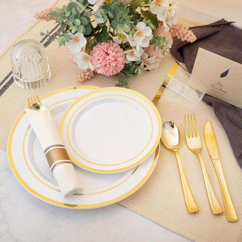 N9R 350PCS Gold Plastic Dinnerware Set for 50 Guests, Include: 50 Dinner Plates, 50 Dessert Plates, 50 Pre Rolled Napkins with Silverware and 50 Cups, White and Gold Disposable Plates for Party in Kuwait