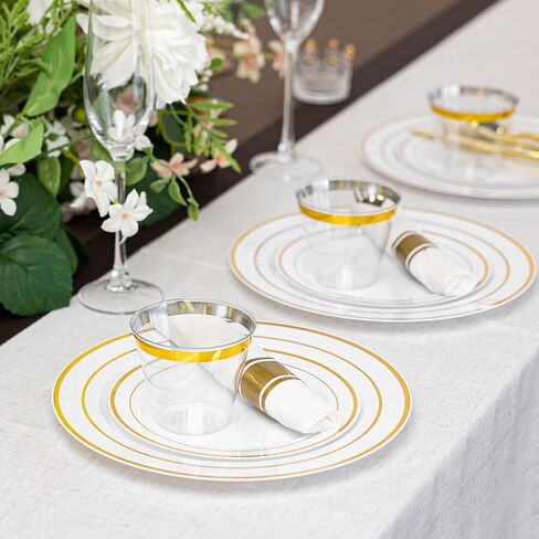 N9R 350PCS Gold Plastic Dinnerware Set for 50 Guests, Include: 50 Dinner Plates, 50 Dessert Plates, 50 Pre Rolled Napkins with Silverware and 50 Cups, White and Gold Disposable Plates for Party in Kuwait