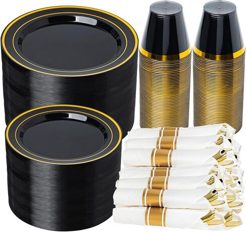 N9R 350PCS Gold Plastic Dinnerware Set for 50 Guests, Include: 50 Dinner Plates, 50 Dessert Plates, 50 Pre Rolled Napkins with Silverware and 50 Cups, White and Gold Disposable Plates for Party in Kuwait