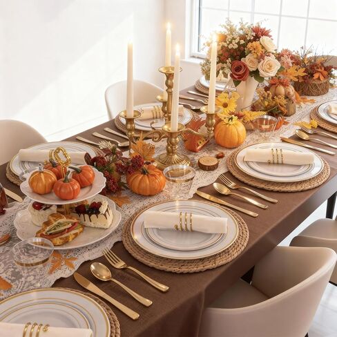 N9R 350PCS Gold Plastic Dinnerware Set for 50 Guests, Include: 50 Dinner Plates, 50 Dessert Plates, 50 Pre Rolled Napkins with Silverware and 50 Cups, White and Gold Disposable Plates for Party in Kuwait