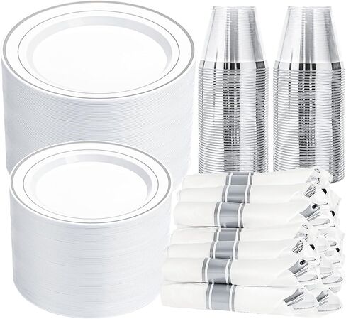 N9R 350PCS Gold Plastic Dinnerware Set for 50 Guests, Include: 50 Dinner Plates, 50 Dessert Plates, 50 Pre Rolled Napkins with Silverware and 50 Cups, White and Gold Disposable Plates for Party in Kuwait