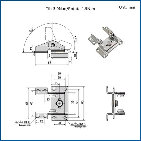 Tilt 3.0N.m Dual Axis Torque Rotation Damping Shaft Hinge Stainless Steel 360 ° 1Pcs in Kuwait
