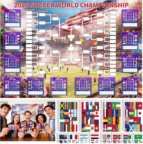 YTEFB 2026 World Soccer Cup Schedule Poster 3-Piece Set, 63"x44" Extra Large Premium Polyester Match Tracker, Waterproof Wrinkle-Resistant Wall Chart with 384 Flag Stickers & 96 Water Tattoos in Saudi Arabia