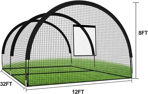قفص مضرب بيسبول مقاس 32 × 12 × 8 قدم، معدات تدريب بيسبول كبيرة للفناء الخلفي، أقفاص شبكية للكرة اللينة المحمولة مع إطار، فتحة آلة رمي وباب قابل للفصل - لممارسة رمي الضرب in Kuwait