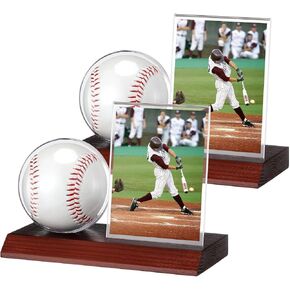 2 Sets Wood Baseball Display Case and Card Holder Baseball Holder Display Case for Ball and Card with Wood Base Showcase for Memorabilia Showcase in Kuwait