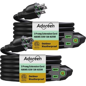 Adoreen Outdoor Power Extension Cord 30 Ft, 3 Prong 16 AWG Grounded Wire Heavy Duty Weatherproof Electric Cable for Indoor Christmas Light Lamp, 13A 125V 1625W, SJTW-ETL- Black with Green in Saudi Arabia