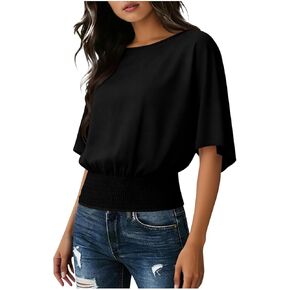 Short Batwing Sleeve Tops for Womens Crew Neck with Elastic Waistband Hem Blouse Solid Flowy Loose Pullover Clothes in Kuwait