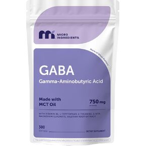 المكونات الدقيقة GABA 750 مجم مع زيت MCT، 300 كبسولة هلامية | حمض جاما أمينوبوتيريك مع فيتامين ب6، 5-HTP، إل-ثيانين، إل-تريبتوفان وجليسينات المغنيسيوم | لا يحتوي على كائنات معدلة وراثيًا، تم تصنيعه وفقًا لممارسات التصنيع الجيدة in Kuwait
