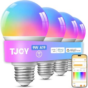 TJOY 4 حزمة لمبات الإضاءة الذكية، لمبة LED واي فاي بلوتوث تعمل مع Alexa & Google Assistant، مصابيح Alexa متغيرة اللون RGB، مزامنة الموسيقى، 2700K-6500K، 9W(ما يعادل 60W)، A19 E26 800LM، 2.4 جيجا هرتز WiFi فقط in Kuwait