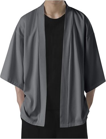 Men's Kimono Cardigan Jacket Japanese Style Lightweight 3/4 Sleeve Open Front Cover Up Ice Silk UV UPF 50+ Rash Guard in Saudi Arabia