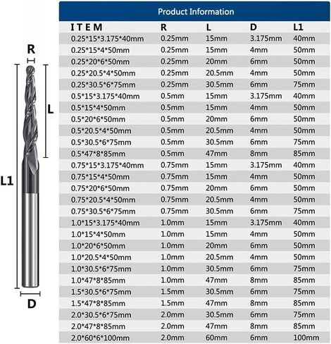 1pcs Tapered Ball Nose End Mill Carbide Milling Cutter R0.25-R2.0 2 Flute CNC Router Bit Wood Engraving for Machine Carving(R2.0x30.5xD6x75) in Saudi Arabia
