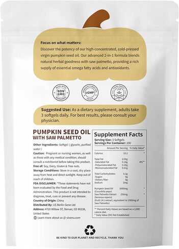 VivoNu Pumpkin Seed Oil with Saw Palmetto Capsules, 4000mg 300 Softgels | Organic, Cold Pressed | DHT Blocker | Supports Hair, Urinary, Bladder & Prostate Health | Non-GMO in Kuwait