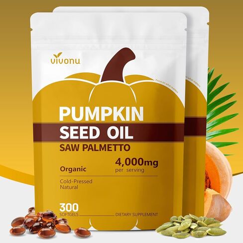 VivoNu Pumpkin Seed Oil with Saw Palmetto Capsules, 4000mg 300 Softgels | Organic, Cold Pressed | DHT Blocker | Supports Hair, Urinary, Bladder & Prostate Health | Non-GMO in Kuwait