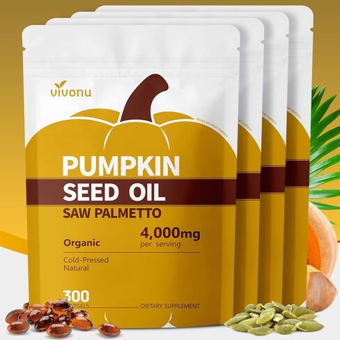 VivoNu Pumpkin Seed Oil with Saw Palmetto Capsules, 4000mg 300 Softgels | Organic, Cold Pressed | DHT Blocker | Supports Hair, Urinary, Bladder & Prostate Health | Non-GMO in Kuwait
