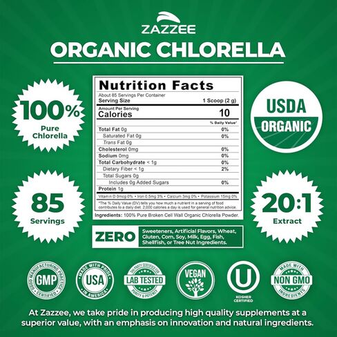 Zazzee USDA Organic Chlorella Powder, Broken Cell Wall, 6 oz, 85 Servings, Free Scoop Included, 100% Pure, 20:1 Extract, Nutrient-Dense Superfood, Green Algae Powder, All-Natural, Non-GMO, Made in USA in Saudi Arabia