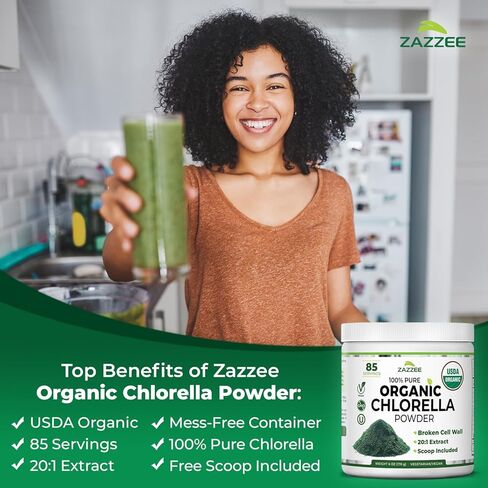 Zazzee USDA Organic Chlorella Powder, Broken Cell Wall, 6 oz, 85 Servings, Free Scoop Included, 100% Pure, 20:1 Extract, Nutrient-Dense Superfood, Green Algae Powder, All-Natural, Non-GMO, Made in USA in Saudi Arabia