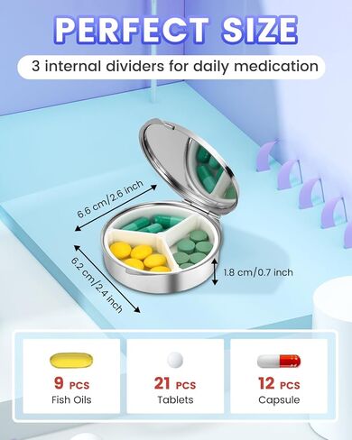 Pill Box 3 Compartment Medicine Pill Case with Mirror, Portable Pill Box for Pocket or Purse Pill Box Decorative Metal Medicine Vitamin Organizer for Gift in Saudi Arabia