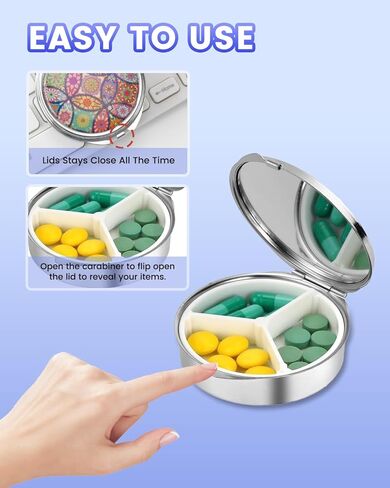 Pill Box 3 Compartment Medicine Pill Case with Mirror, Portable Pill Box for Pocket or Purse Pill Box Decorative Metal Medicine Vitamin Organizer for Gift in Saudi Arabia