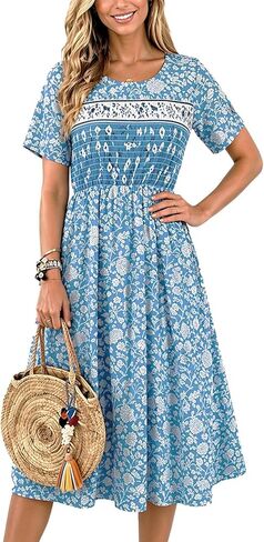 Boho Dresses for Women 2026 Summer Floral Short Sleeve Crewneck Ruffle Midi Dress Casual A-Line Flowy Knee Lenth Dress in Saudi Arabia