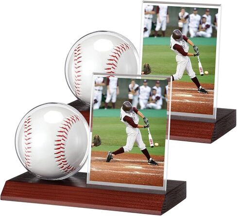 2 Sets Wood Baseball Display Case and Card Holder Baseball Holder Display Case for Ball and Card with Wood Base Showcase for Memorabilia Showcase in Kuwait