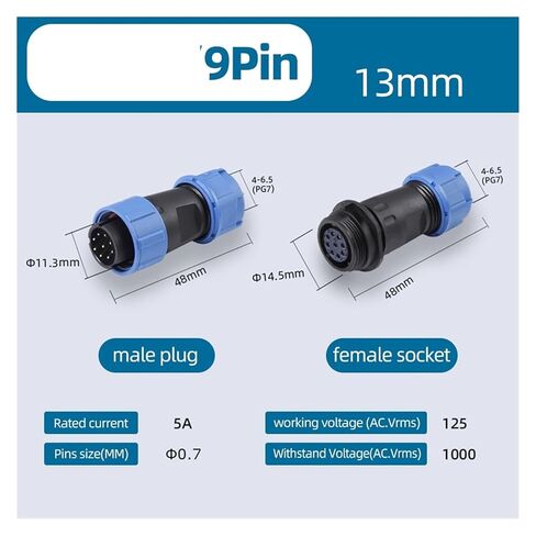 1/5 مجموعة من الموصلات المقاومة للماء IP68 ذكر وأنثى (Hsp13-9Pin، مجموعة واحدة) in Kuwait