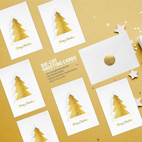 12 Christmas Greeting Cards with Gold Foiling Xmas & Embossing,3D die-cut Christmas tree featuring ,6.75 x 4.5 Inch Merry Christmas Cards with Seal Stickers For Friends, Family and loved Ones ( 1 Pack in Saudi Arabia