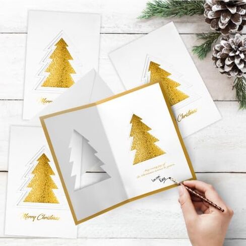 12 Christmas Greeting Cards with Gold Foiling Xmas & Embossing,3D die-cut Christmas tree featuring ,6.75 x 4.5 Inch Merry Christmas Cards with Seal Stickers For Friends, Family and loved Ones ( 1 Pack in Saudi Arabia