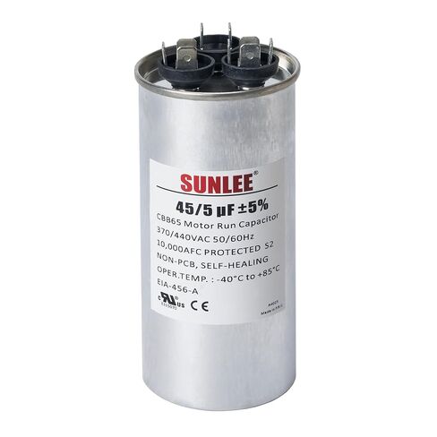 SUNLEE AC Capacitor 45/5 uF 370V / 440V CBB65 Dual Run Round - 45/5 MFD Run Capacitor for HVAC، مكثف مكيف الهواء - معترف به من UL وضمان 5 سنوات in Kuwait