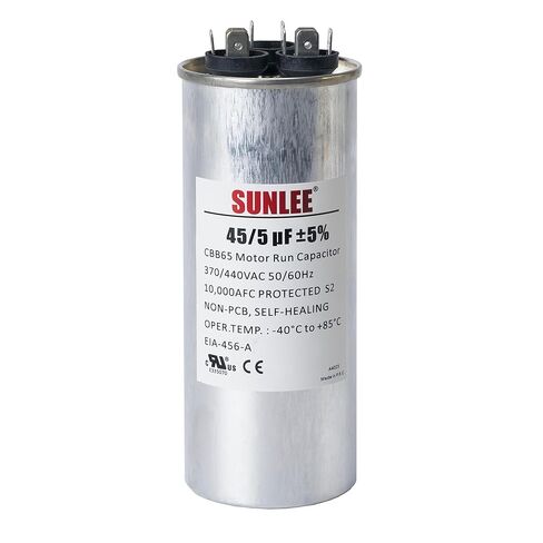 SUNLEE AC Capacitor 45/5 uF 370V / 440V CBB65 Dual Run Round - 45/5 MFD Run Capacitor for HVAC، مكثف مكيف الهواء - معترف به من UL وضمان 5 سنوات in Kuwait