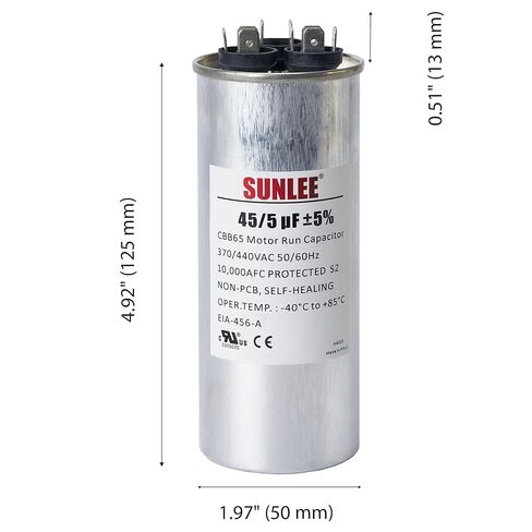SUNLEE AC Capacitor 45/5 uF 370V / 440V CBB65 Dual Run Round - 45/5 MFD Run Capacitor for HVAC، مكثف مكيف الهواء - معترف به من UL وضمان 5 سنوات in Kuwait
