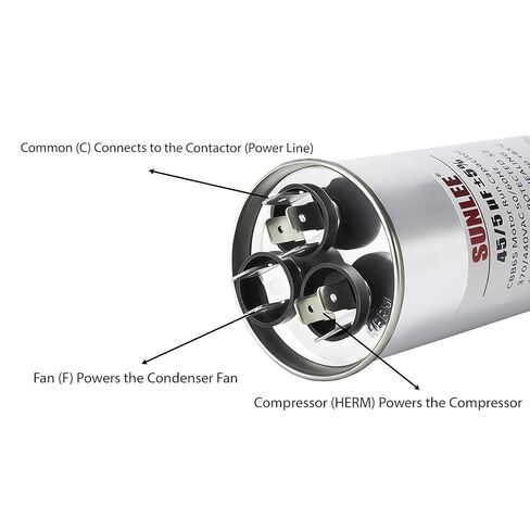 SUNLEE AC Capacitor 45/5 uF 370V / 440V CBB65 Dual Run Round - 45/5 MFD Run Capacitor for HVAC، مكثف مكيف الهواء - معترف به من UL وضمان 5 سنوات in Kuwait
